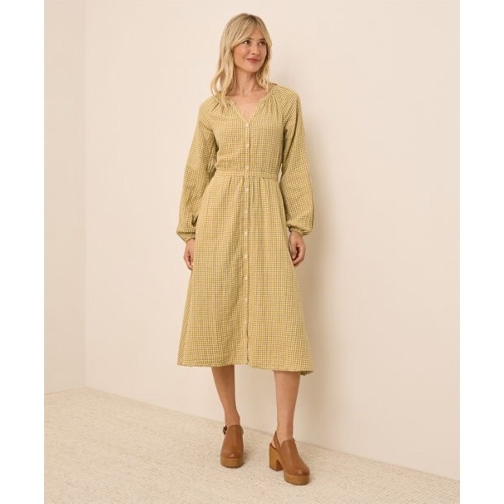 Pact Organic Cotton Coastal Double Gauze Poet Sleeve Gold Gingham Dress XXL
